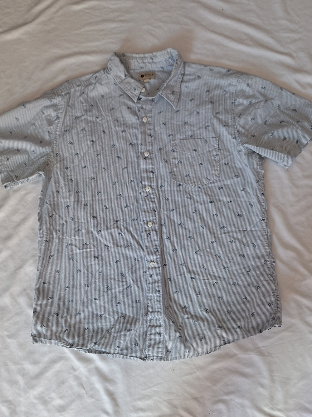 Haggar Mens Blue Vertical Stripe With Bicycles Short Sleeve Button Down Shirt L